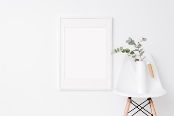 Large frame mockup on white wall. Simple modern interior. Art template. Background. Print mockup, posyter mockup