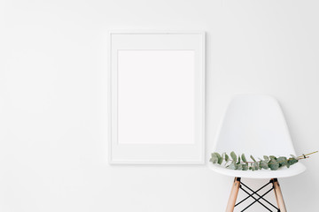 Large frame mockup on white wall. Simple modern interior. Art template. Background. Print mockup, posyter mockup