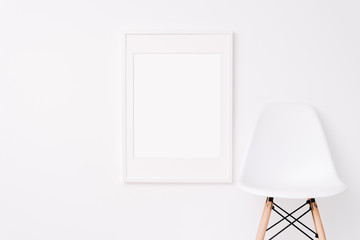 White Large frame mockup on white wall. Simple modern interior. Art template. Background. Print mockup, posyter mockup