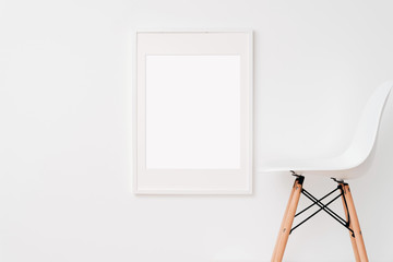 White Large frame mockup on white wall. Simple modern interior. Art template. Background. Print mockup, posyter mockup