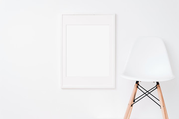 White Large frame mockup on white wall. Simple modern interior. Art template. Background. Print mockup, posyter mockup