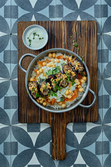 Top view of dish with rice and chickpeas