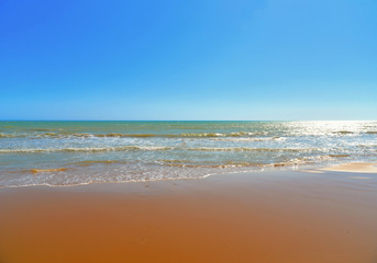 Seascape with Mollarella sand beach (spiaggia di mollarella) near coastal city of Licata , SICILY Italy