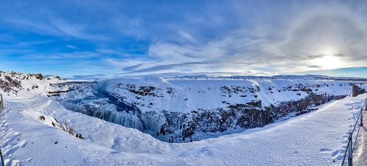 Panorama of 5 shots of Gullfoss waterfall in Iceland, in winter