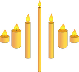 Set of candles of different sizes for holidays and churches in vector