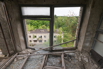 Fototapeta na wymiar Fire station of abandoned ghost town Pripyat in Chernobyl zone