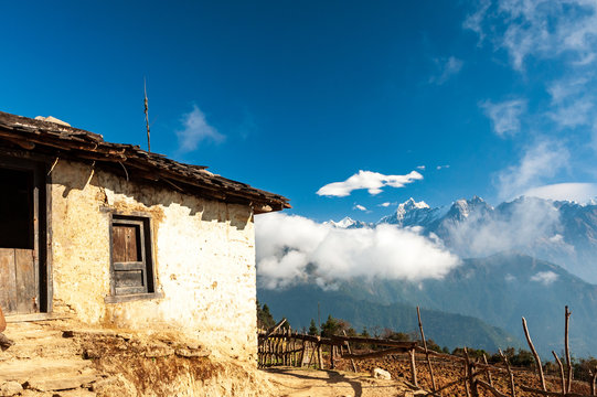 Outdoor of traditional nepalese house Taksindu La pass. Taksindu village. Trekking in Nepal Himalayas. EBC (Everest base camp trek) trail lower part from Jiri to Lukla part of Everest trek. Nepal.