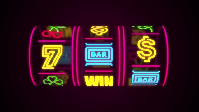 neon casino slot machine spinning, money flying after win combination