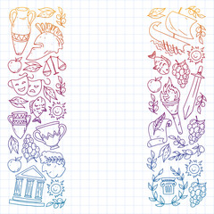 Greece. Vector pattern with traditional symbols of greek culture for web, internet, banners, posters. Ancient history, temples, arts. Parthenon.