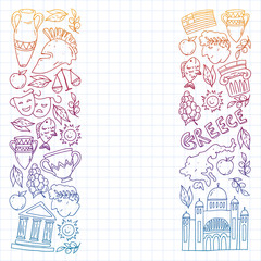 Fototapeta premium Greece. Vector pattern with traditional symbols of greek culture for web, internet, banners, posters. Ancient history, temples, arts. Parthenon.