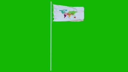 Covid-19 stamp flag waving in the wind. Sign of Coronavirus. Coronavirus flag isolated on green screen. 3d rendering