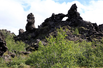 Myvatn / Iceland - August 30, 2017: Volcanic rocks formation at Dimmuborgir area and park, Iceland, Europe