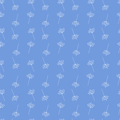 Seamless pattern of small seed head flowers on a bright blue background.