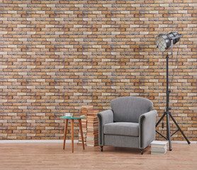 Decorative brick wall background and home object, cabinet, black vase of plant, chair and lamp decoration with book.