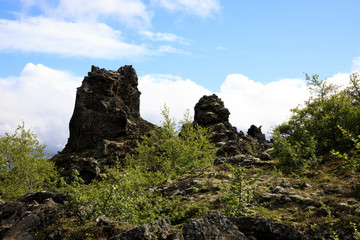 Myvatn / Iceland - August 30, 2017: Volcanic rocks formation at Dimmuborgir area and park, Iceland, Europe