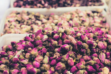 Dried rose buds close up at the market.