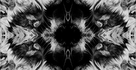 Abstract liquid black white colors paint blots background. Esoteric luid art, magic occultism,...