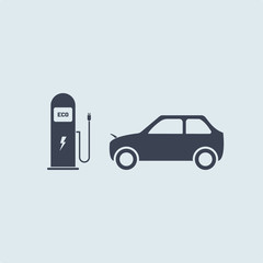 Electric car near electric charging station. vector icon symbol on white blue background