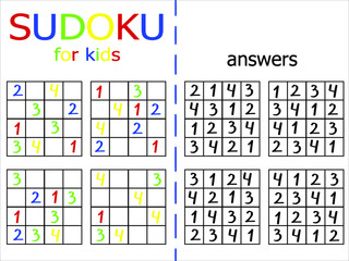 Full all empty places with numbers 1, 2, 3, 4. Simple sudoku game for kindergarten and school students. Math and logic game with numbers. Study count and logic. Educational number games vector set.  