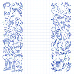 Greece. Vector pattern with traditional symbols of greek culture for web, internet, banners, posters. Ancient history, temples, arts. Parthenon.