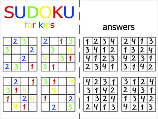 Square number educational games for kids with answer. Fill all empty cells with numbers. Number can appear only once on each row, column and region. Colorful children sudoku stock vector illustration.