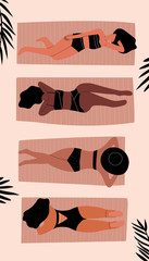 Modern design for phone case with multiracial women of different figure type and size dressed in trendy swimsuits. Girls sunbathe on beach mats. Illustration for web design and print. Vector