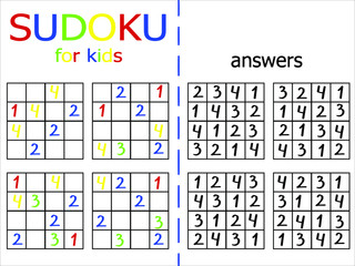 Sudoku set of four simple games. Number logic puzzle for kids. Children rebus with japanese work sheet. Sudoku stock vector illustration. Horizontal printable work sheet for school. One of a series.