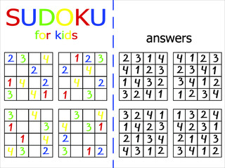 Simple sudoku puzzles set. Four by four easy logic game on white stock vector illustartion. Count from one for four logical number game for kids. One of a series.