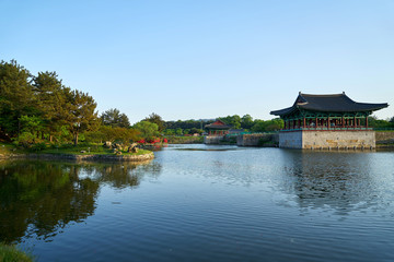 Fototapeta na wymiar Anapji Pond in Gyeongju-si, South Korea. Pond and Architecture of the Silla Period. 