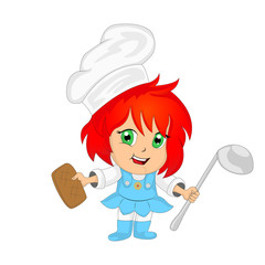 Little red-haired girl cook, dressed in a blue apron and a chef's hat is holding a soup ladle and cookies, smiling cheerfully.