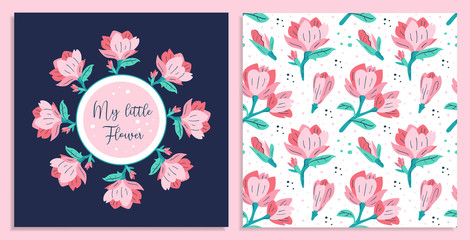My little flower. Little pink magnolia flowers postcards. Flora design elements. Wild life, blooming flowers, botanic. Flat colourful vector illustration icon sticker isolated on pink background. © Fox._.biz