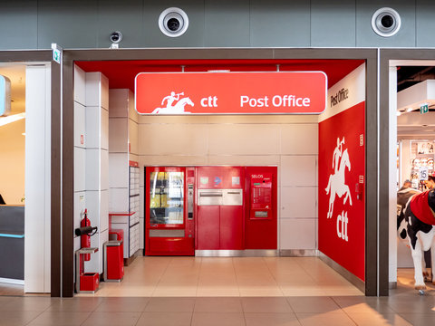 A self-service Portuguese CTT Post Office facility in the terminal of Faro International Airport, Portugal.
