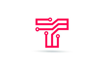 Letter T logo pink color,Technology and digital abstract dot connection vector logo