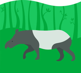 Illustration of a tapir in the forest. Animals of Asia. Green background with leaves.