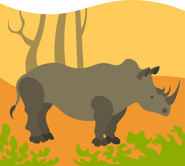 Illustration of a rhinoceros. A rhinoceros stands in an African forest. Vector illustration with background.
