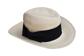 Beautiful straw hat, beautiful with a ribbon and bow on the beach hat, white background