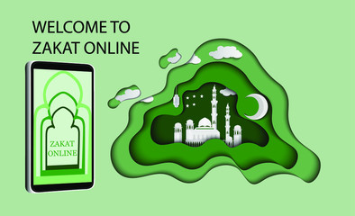 Welcome To Online Zakat payment concept, Islamic vector. Zakat online is to make easy for muslim to pay via mobile .