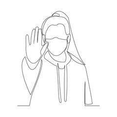 Continuous line drawing of women wearing surgical mask and stop gesture with hand to protect disease, flu, air pollution, pandemic, virus. Vector illustration.
