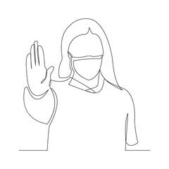 Continuous line drawing of women wearing surgical mask and stop gesture with hand to protect disease, flu, air pollution, pandemic, virus. Vector illustration.