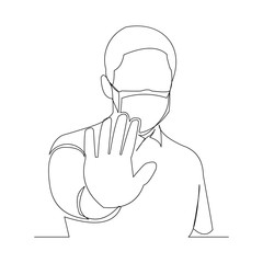 Continuous line drawing of man wearing surgical mask and stop gesture with hand to protect disease, flu, air pollution, pandemic, virus. Vector illustration.