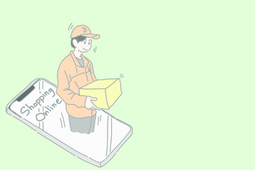 Happy delivery man holding cardbroad box on phone with concept shopping online and quickly shipping to you like he going out form smartphone.Hand drawing vector.