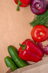 eco vegan food vegetables in paper bag on the table flatlay copy space