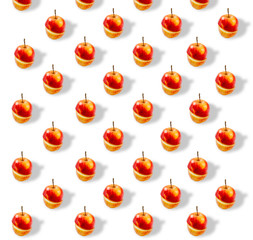 Trendy repeating pattern. Juicy red apples on a white background. Minimum summer concept. A banner from the same cut apples.