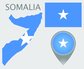 Obraz na płótnie Canvas Colorful flag, map pointer and map of Somalia in the colors of the Somalian flag. High detail. Vector illustration
