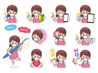 歯科衛生士の女性バリエーション　初心者マーク　スマートフォン　タブレット　虫眼鏡　クレジットカード　ハート　OK　NO