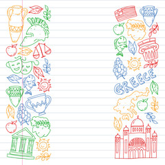 Greece. Vector pattern with traditional symbols of greek culture for web, internet, banners, posters. Ancient history, temples, arts. Parthenon.