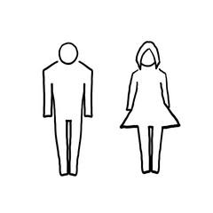hand drawn Girls and boys restroom pictograms. doodle toilet couple signing, woman man wc icons, fun bathroom door signs. isolated