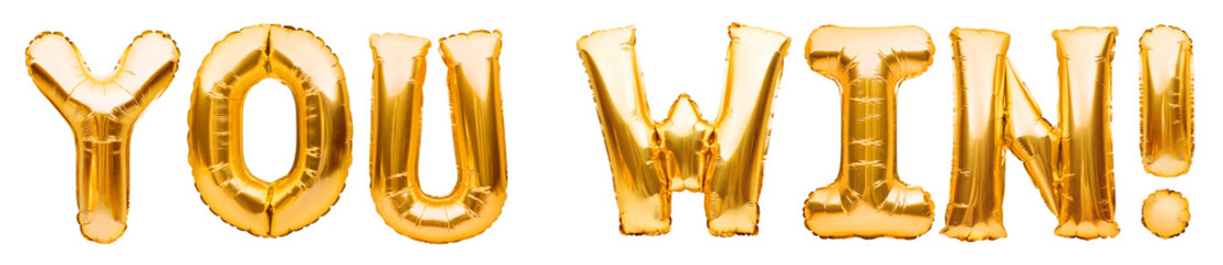 Words YOU WIN made of golden inflatable balloons isolated on white. Helium balloons gold foil...