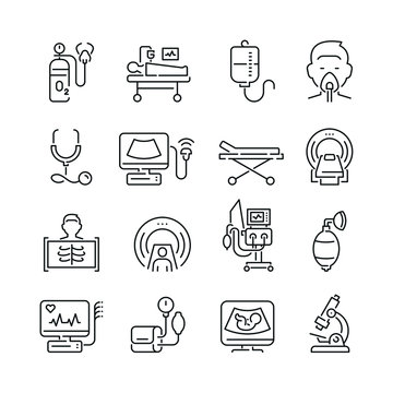 Medical diagnostic equipment related icons: thin vector icon set, black and white kit