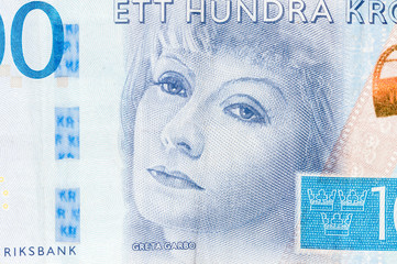 Greta Garbo portrait on Swedish krona banknote.